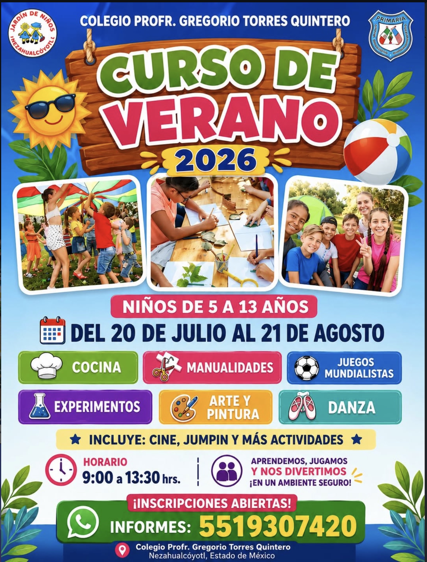 Cartel del curso de verano 2026 para niñas y niños de 5 a 13 años, del 20 de julio al 21 de agosto
