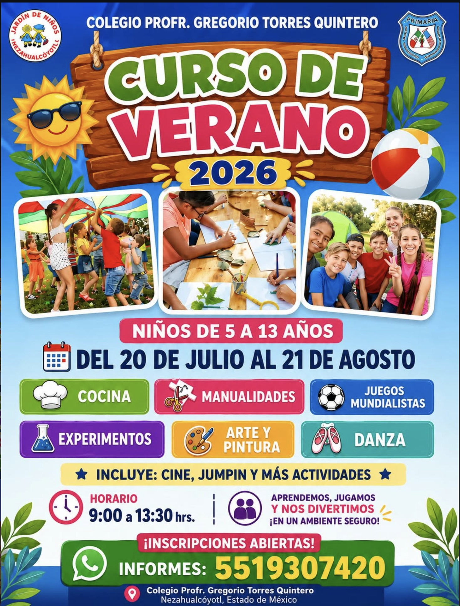 Curso de verano 2026 para niñas y niños de 5 a 13 años, del 20 de julio al 21 de agosto