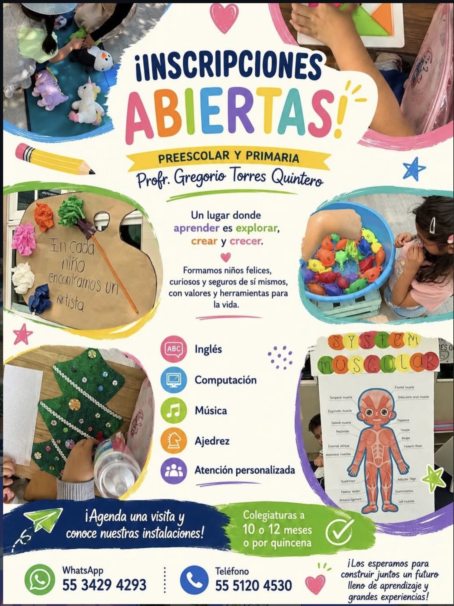 Cartel de inscripciones abiertas para preescolar y primaria con información sobre actividades y formas de contacto